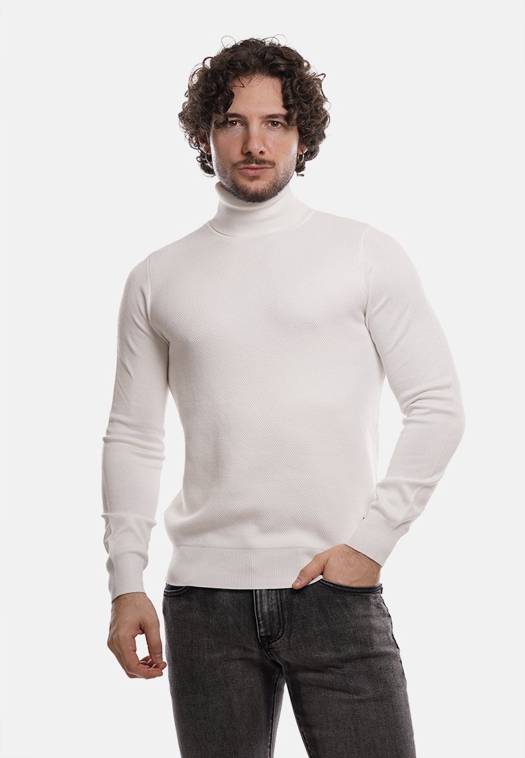 Maglione bianco a collo alto con un motivo testurizzato, design aderente e maniche lunghe, abbinato a jeans scuri. Stile semplice e moderno.