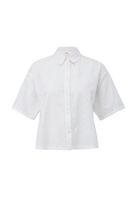 Witte kortärmelige blouse met knoopsluiting aan de voorkant, voorzien van oogjesborduurpatronen en een klassieke kraag. Gemaakt van lichtgewicht stof.