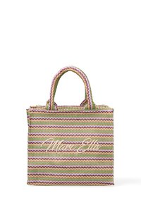 Geweven tote bag met een zigzagpatroon in groen, roze en lavendel. Heeft twee handvatten en een prominent "Marc Ellis" logo aan de voorkant.