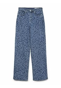 Blauwe denim jeans met luipaardprint, hoge taille en rechte pijpen. Voorzien van vijf zakken en een metalen knoopsluiting.