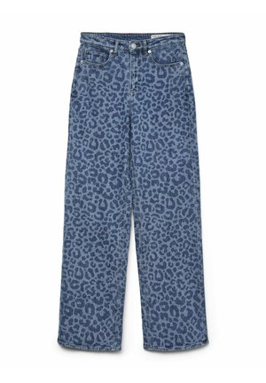 Jeans in denim blu con stampa leopardata, a vita alta e design a gamba dritta. Presenta cinque tasche e chiusura con bottone metallico.