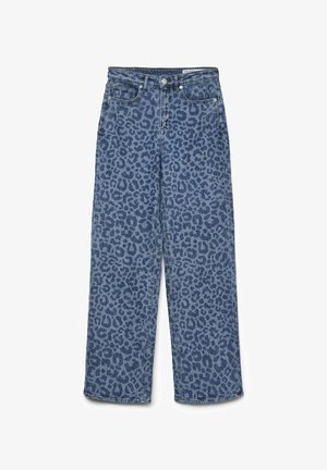 Blauwe denim jeans met luipaardprint, hoge taille en rechte pijpen. Voorzien van vijf zakken en een metalen knoopsluiting.