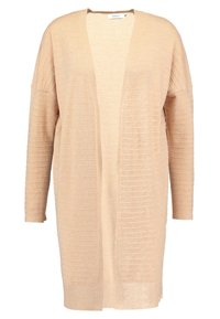 Beige öppen cardigan i lätt ribbat tyg med långa ärmar, rak passform och utan knäppning.