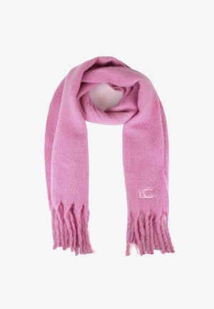 Rosa tørklæde lavet af blødt materiale, med frynsede kanter, en glat tekstur og et subtilt broderet logo i den ene ende.