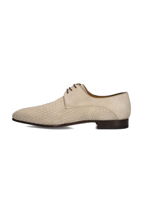 Beige leather men's dress shoe with woven texture on front, smooth upper back, dark brown sole, and dark laces.