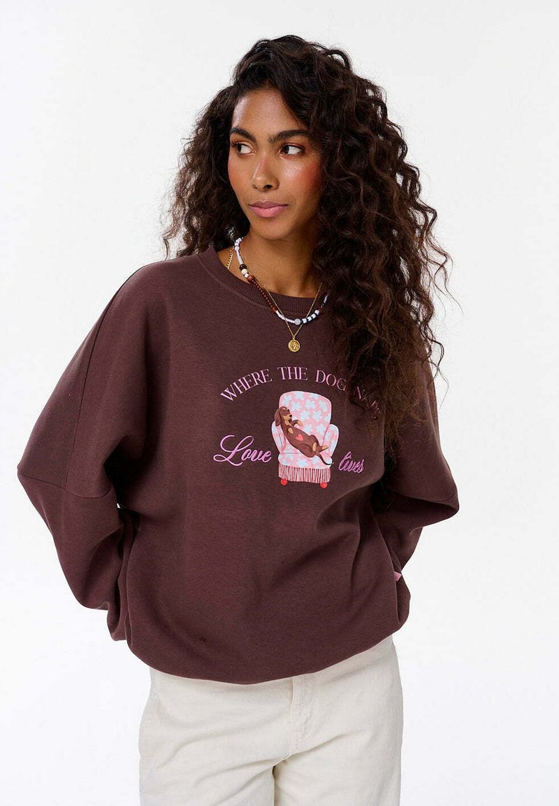 Hnědá oversized mikina s grafickým potiskem růžového křesla a psa. Text zní "KDE PSY ŽIJÍ, láska žije." Měkký materiál.