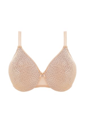 Reggiseno in pizzo beige con motivo floreale, coppe lisce e spalline regolabili; presenta un piccolo fiocco al centro.