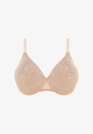 Soutien-gorge beige en dentelle avec motif floral, bonnets lisses et bretelles ajustables ; doté d'un petit nœud au centre.