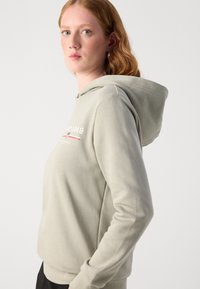 Sudadera ligera gris claro hecha de una tela suave, con un bolsillo frontal, capucha con cordón y detalle de logo bordado. Corte relajado con puños acanalados.