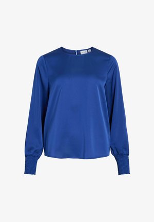 Modra satenska bluza z dolgimi rokavi, okroglim izrezom, nabranim teksturiranjem na manšetah in zadrgo na hrbtni strani. Gladka tekstura tkanine.