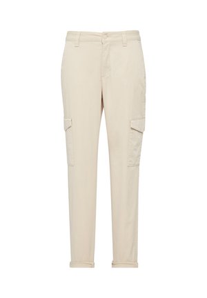 Beige cargo pants featuring side pockets, a button closure, and rolled cuffs made from lightweight cotton fabric.
