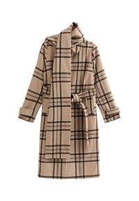 Beige rutigt kappa med långa ärmar, bälte och matchande scarf. Mjuk tyg med bruna och svarta ränder, med två framfickor.