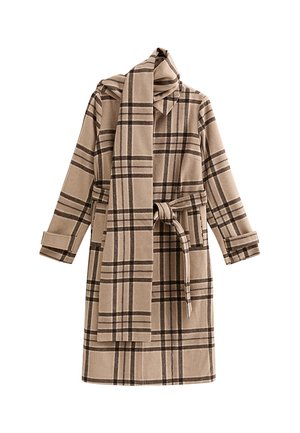 Cappotto a quadri beige con maniche lunghe, cintura e sciarpa abbinata. Tessuto morbido con linee marroni e nere, dotato di due tasche frontali.