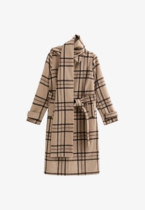 Cappotto a quadri beige con maniche lunghe, cintura e sciarpa abbinata. Tessuto morbido con linee marroni e nere, dotato di due tasche frontali.