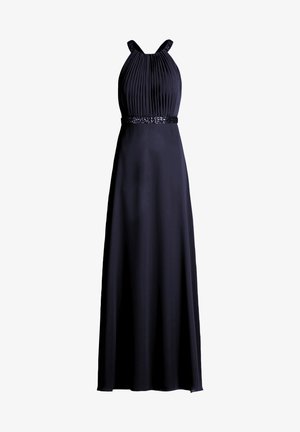 Abito lungo navy con scollatura a halter, corpino plissettato e cintura decorata con perline. Tessuto elegante e fluido con una consistenza liscia e spalline regolabili.