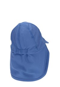 Blue sun hat with a soft fabric, curved brim, and an adjustable back strap. Features stitched detailing and a lightweight design.
