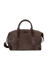 Sac de voyage en daim marron avec des accents en cuir marron foncé, double poignées et bandoulière ajustable ; forme rectangulaire, fermeture à glissière.