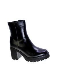 Stivaletto in pelle nera con finitura lucida, tacco a blocco e suola testurizzata. Parte superiore liscia con un design semplice e dettagli di cucitura minimi.