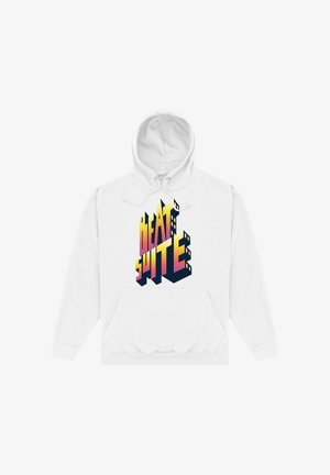 Sweat à capuche blanc avec une poche avant et un design de texte 3D coloré affichant "BEAT SUITE" en dégradé de jaune, orange et bleu foncé.