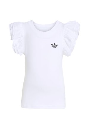 Valge lühikeste varrukatega t-särk tekstuursete volangidega varrukatel ja musta tikandiga logo rinnal. Valmistatud pehmest kangast.