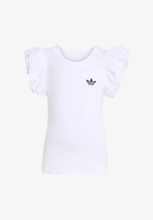 Camiseta blanca de manga corta con mangas texturizadas con volantes y un logo bordado en negro en el pecho. Hecha de tela suave.