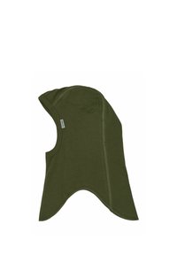 Capuche style cagoule vert olive en tissu doux avec coutures visibles et petite étiquette latérale.