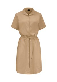 Hemd Kleider mit kurzen Ärmeln in Beige, mit einem Kragen, knopfverschluss und einem gebundenen Taillengürtel. Glatte Stoff mit einem schlichten Design.