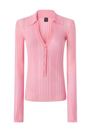 Roza bluza dugih rukava s rebrastom teksturom, V-izrezom i pet dugmadi. Ima ovratnik i prilagođeni kroj.