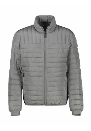 Gray puffer jacket with a high collar, horizontal quilted design, front zipper, and two side pockets. Ribbed cuffs complete the design.