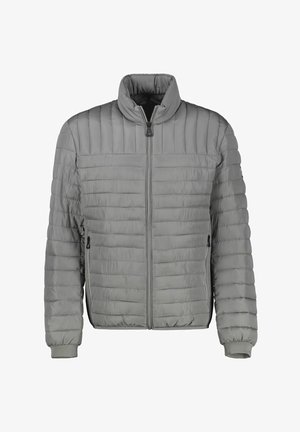 Gray puffer jacket with a high collar, horizontal quilted design, front zipper, and two side pockets. Ribbed cuffs complete the design.