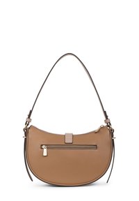 Borsa a mano in pelle color cuoio con forma curva, manico superiore e tasca con zip frontale. Presenta dettagli in hardware dorato e una texture liscia.