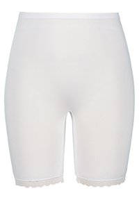 Witte naadloze shapewear shorts met een gladde afwerking en kantafwerking langs de zoom, die een aansluitend ontwerp bieden voor comfort.