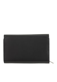 Il portafoglio in pelle nera presenta una texture liscia, una forma rettangolare e una chiusura con zip. Le cuciture dettagliate accentuano i bordi.