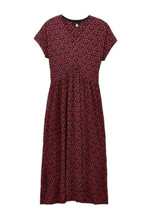 Long, short-sleeve dress in dark red fabric with a floral pattern in pink and green. Features a round neckline and gathered waist.