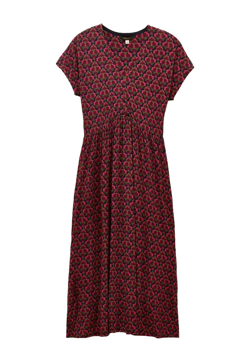 Langes, kurzärmliges Kleid aus dunkelrotem Stoff mit einem floralen Muster in Pink und Grün. Es hat einen runden Halsausschnitt und eine geraffte Taille.