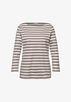 Long-sleeve beige and white horizontally striped shirt with a round neckline and a "Street One" label inside the collar.