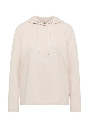 Sudadera de color rosa pálido con mangas largas, cordones ajustables y un logo circular de montaña con "NEW PATH" bordado en blanco. Textura de tela suave.