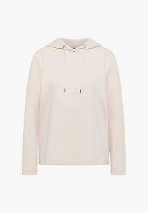 Sudadera de color rosa pálido con mangas largas, cordones ajustables y un logo circular de montaña con "NEW PATH" bordado en blanco. Textura de tela suave.