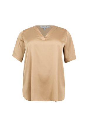 Beige Kurzarmbluse mit V-Ausschnitt und lockerem Sitz, gefertigt aus glattem Stoff, mit der Aufschrift "Yoek" innen am Kragen.