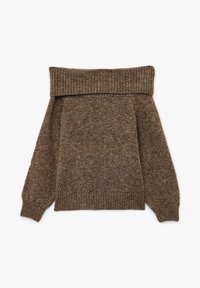 Brązowy sweter dzianinowy typu off-the-shoulder z długimi rękawami oraz szerokim, żebrowanym zagięciem kołnierza i mankietów, leżący płasko na białym tle.
