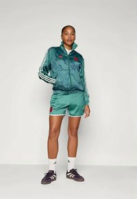 Πράσινο προπονητικό κοστούμι με λουλουδάτο σχέδιο, κόκκινες λεπτομέρειες, λευκές ρίγες. Κατασκευασμένο από γυαλιστερό υλικό, περιλαμβάνει ταιριαστά σορτσάκια και αθλητικά παπούτσια.