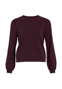 Burgundské svetr, dlouhé nadýchané rukávy, žebrované manžety a lem, kulatý výstřih, měkký pletený materiál, minimalistický design, žádné viditelné vzory ani detaily.