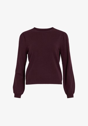 Burgunderfarbenes Sweatshirt, lange Puffärmel, gerippte Bündchen und Saum, Rundhalsausschnitt, weiches Strickmaterial, minimalistisches Design, keine sichtbaren Muster oder Verzierungen.