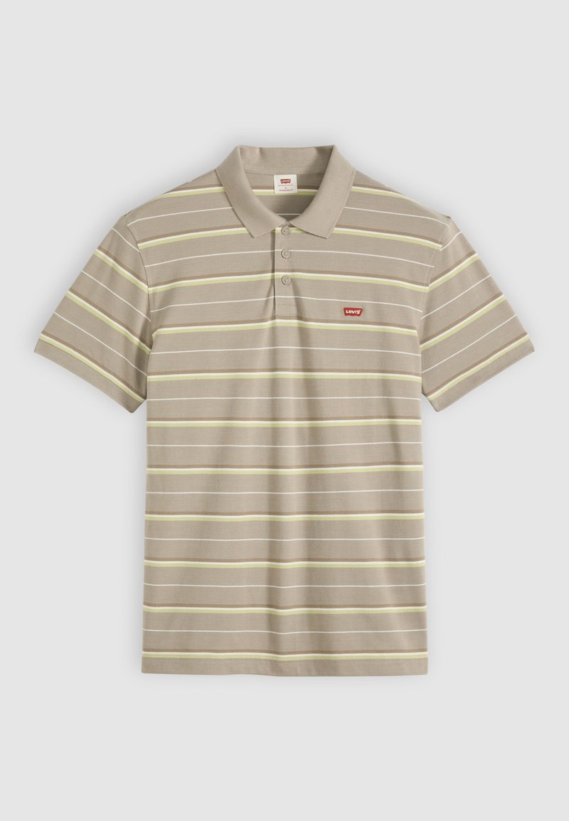 Beige polo shirt with white and light yellow horizontal stripes, short sleeves, three buttons, and a small red Levi's logo on the chest.