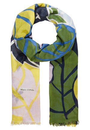 Leichter Schal mit abstrakten Blattmustern in Grün, Blau, Gelb und Schwarz, versehen mit dem Marc O’Polo-Logo auf pastellrosa Hintergrund.