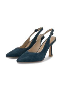 Tacchi a stiletto in suede blu navy, con punta appuntita e cinturino alla caviglia regolabile, caratterizzati da un sottile tacco alto e una fibbia circolare.