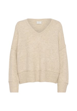 Pulover s V-izrezom u svijetlosmeđoj boji, izrađen od mekog materijala. Ima spuštene ramene, rebrasti donji rub i opušteni kroj. Elastična tekstura.