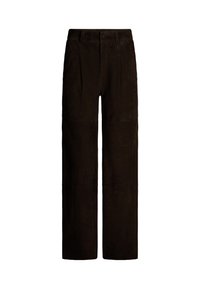 Braune Wildleder-Hosen mit weitem Bein, glatter Textur, zwei vorderen Falten und hohem Taillendesign. Minimale Beschläge und keine sichtbaren Taschen.
