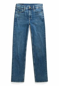 Blå denimbukser med rett ben-design, fem lommer og knappestolpe. Har subtile slittelapper og kontraststing.