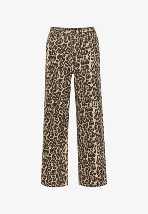 Pantalons à larges jambes en imprimé léopard beige et noir, avec fermeture à bouton et plusieurs poches, fabriqués dans un tissu texturé.